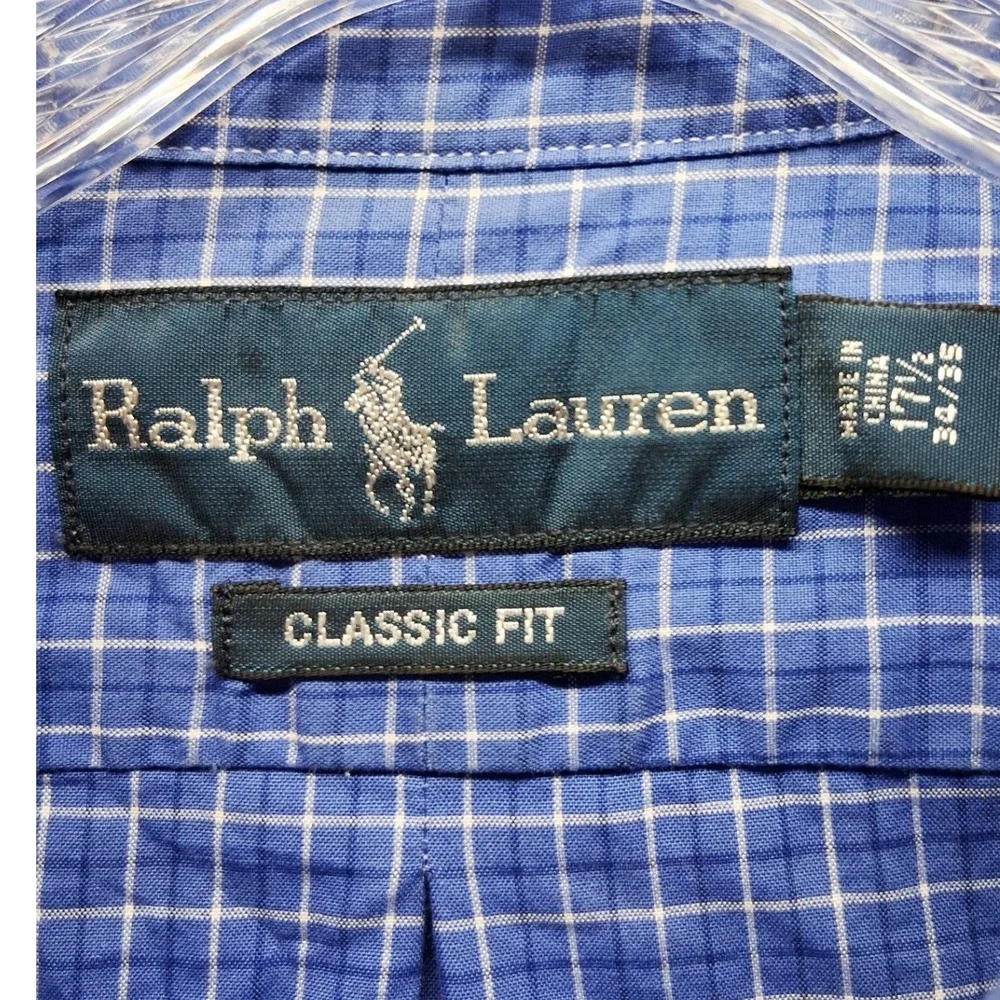 Ralph Lauren Classic Fit Blue White Check Button Down Shirt Mens 17.5 34/35 XL